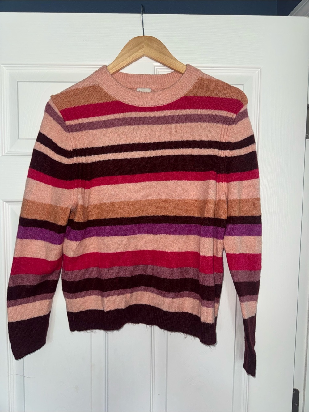 a new day Striped Crewneck Sweater in Pink, Burgundy, Purple, Tan